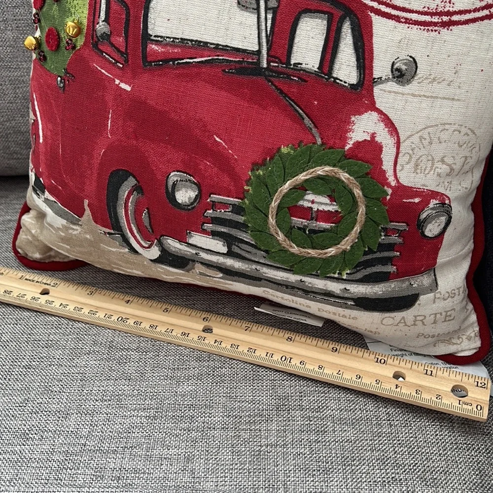 Vintage Inspired Christmas Holiday Pillow with vintage red truck & jingle bells